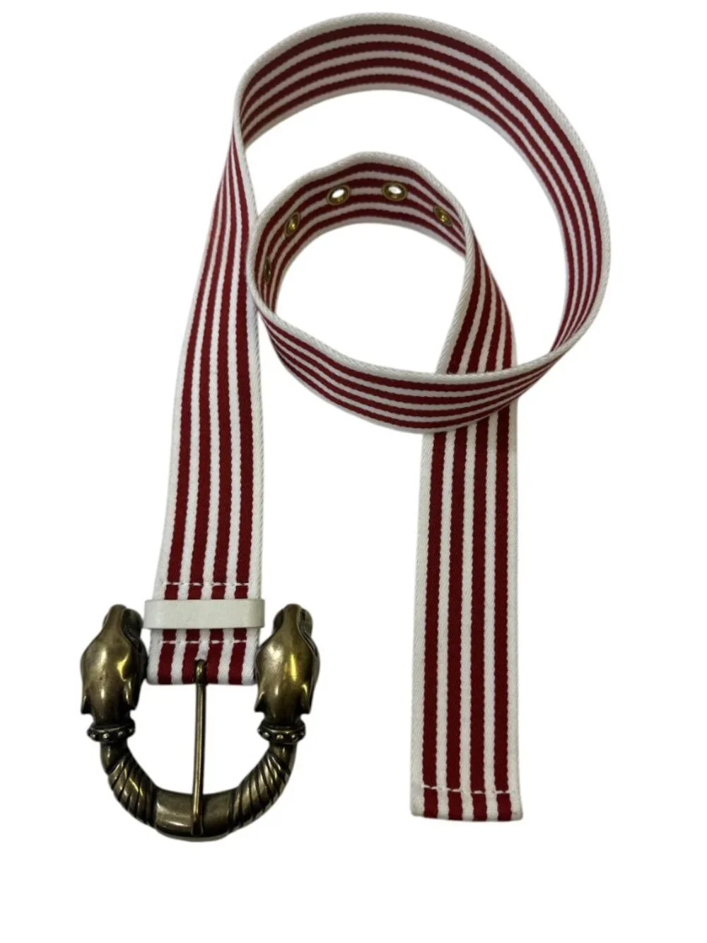 Brass Jaguar Head Buckle Red White Stripe Statement Belt Womens